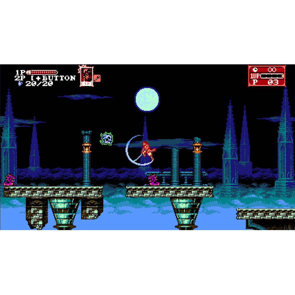 The image shows a video game character, possibly a man or a robot, jumping over a gap on a bridge. The character is in mid-air, and there is a moon in the background. The game appears to be a side-scrolling action game, with the character possibly performing a trick or maneuver. The image also includes a scoreboard displaying the player's progress, with the current score being 20/20.