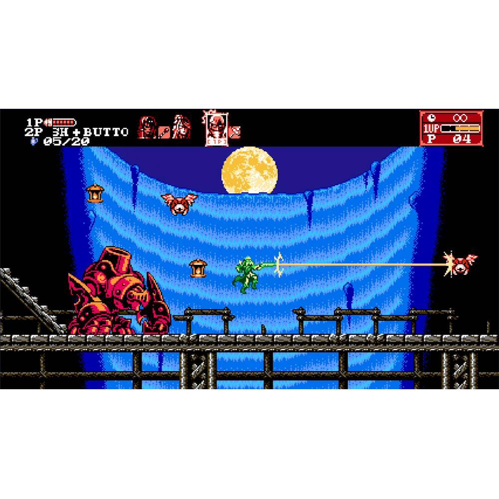 The image shows a video game with a character in a dark setting, possibly a dungeon or a cave, with a moon in the background. The character is holding a bow and arrow, and there are several other characters and creatures in the scene, including a dragon. The game appears to be a side-scrolling action game, with the main character possibly fighting against the dragon and other enemies. The image also features a scoreboard, indicating that the game has a competitive aspect.