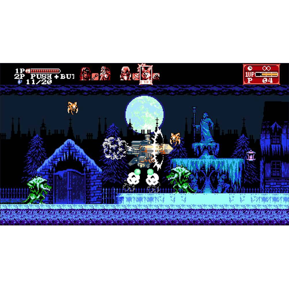 The image features a video game with a spaceship flying through the air, surrounded by various objects such as trees and buildings. The game appears to be set in a dark environment, possibly at night. The spaceship is in the middle of the scene, with the moon visible in the background. There are also several people scattered throughout the scene, possibly controlling the spaceship or interacting with the game. The image captures the excitement and action of the video game, showcasing the spaceship's movement and the dynamic environment.