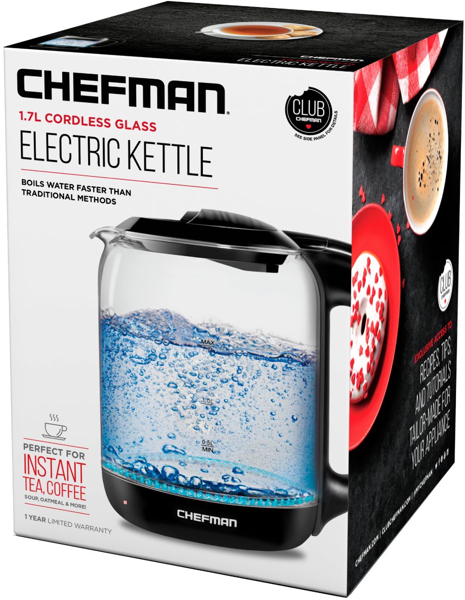 Chefman Electric Kettle, 1.7 Liter, Auto Shutoff, LED Lights, Black Stainless Steel