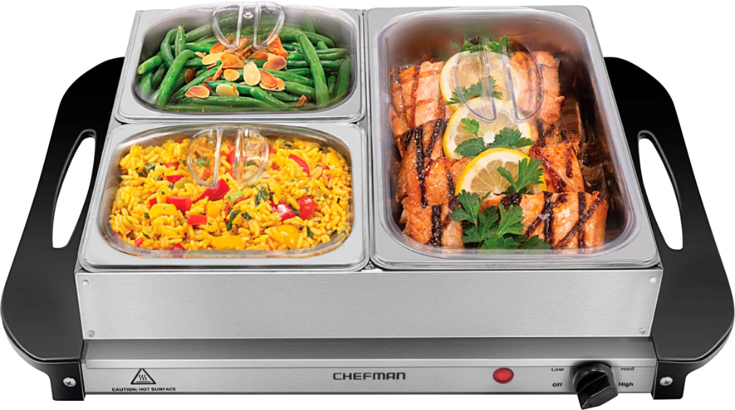 Angle View: Chefman Electric 14" x 14" Buffet Server + Warming Tray w/ Adjustable Temp - Stainless Steel