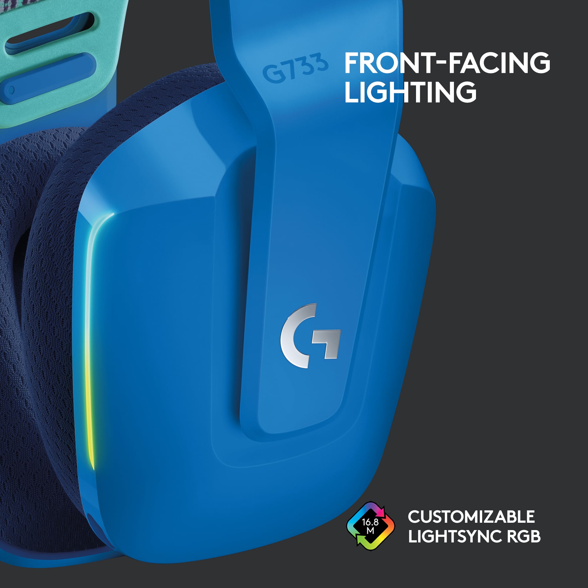 The text on the image is grouped and corrected as follows:
"G733 Front-Facing Lighting G 16.8 Customizable M LightSync RGB"