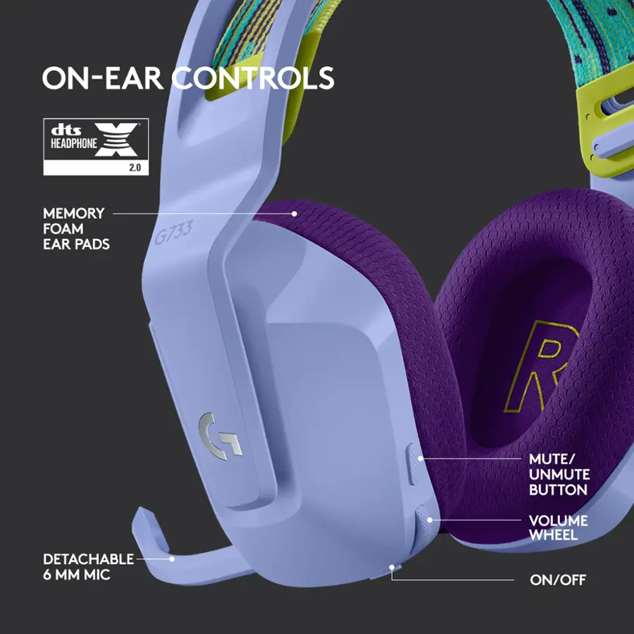 ON-EAR CONTROLS dts HEADPHONE  2.0 MEMORY FOAM EAR PADS G733 R MUTE/ UNMUTE BUTTON VOLUME WHEEL DETACHABLE 6 MM MIC ON/OFF