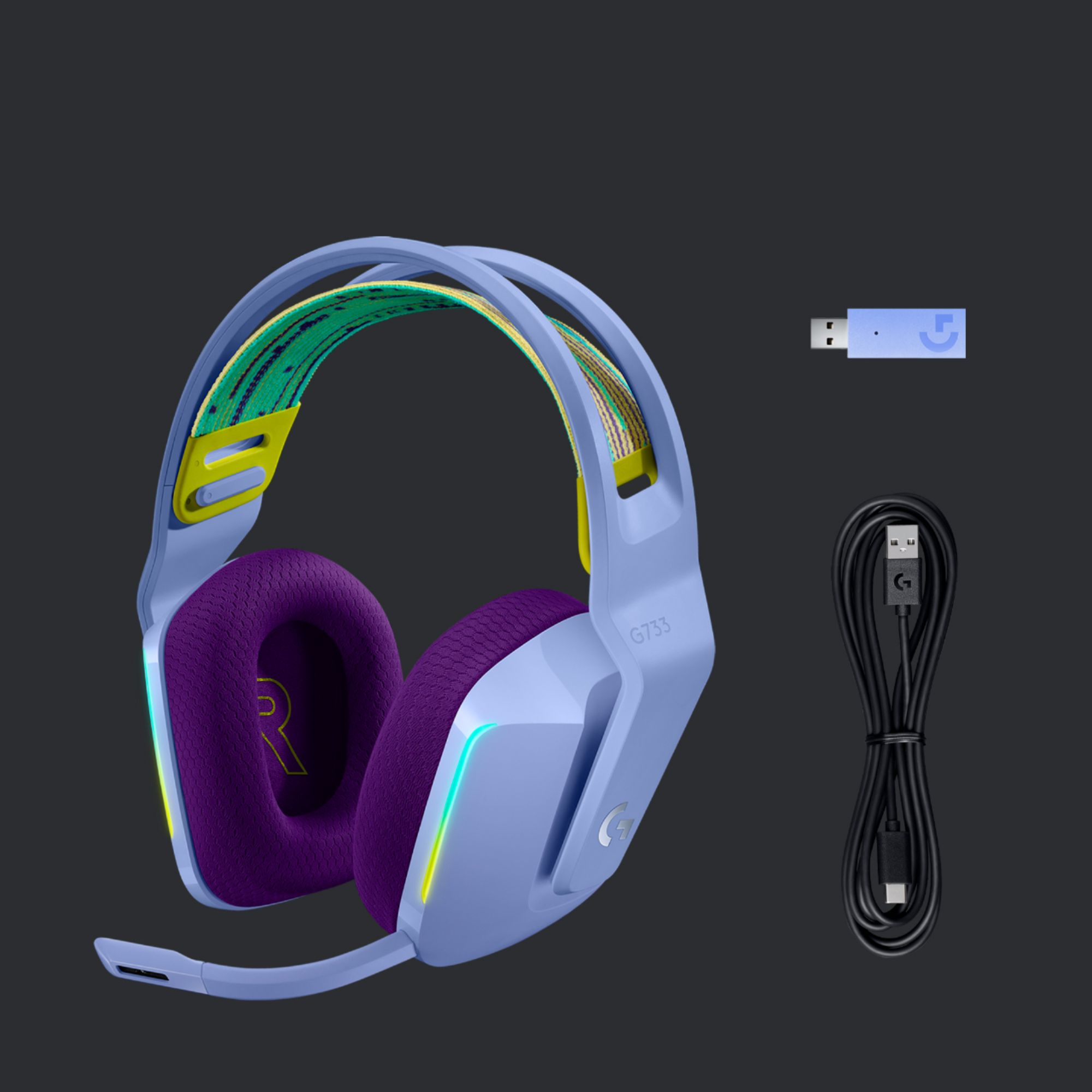 Logitech G733 Lightspeed Wireless Gaming Headset with Suspension Headband,  LIGHTSYNC RGB, Blue VO!CE mic Technology and PRO-G Audio Drivers - White 