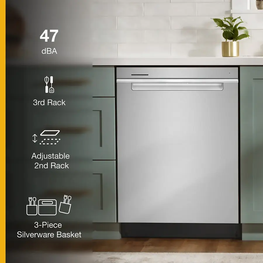 The text on the image reads: "47 dBA 3rd Rack Adjustable 2nd Rack 3-Piece Silverware Basket." This text is grouped and corrected as follows:

"47 dBA 3rd Rack Adjustable 2nd Rack 3-Piece Silverware Basket."

The text describes the features of the dishwasher, including its noise level (47 dBA), the presence of a third rack, the adjustable second rack, and the inclusion of a three-piece silverware basket.