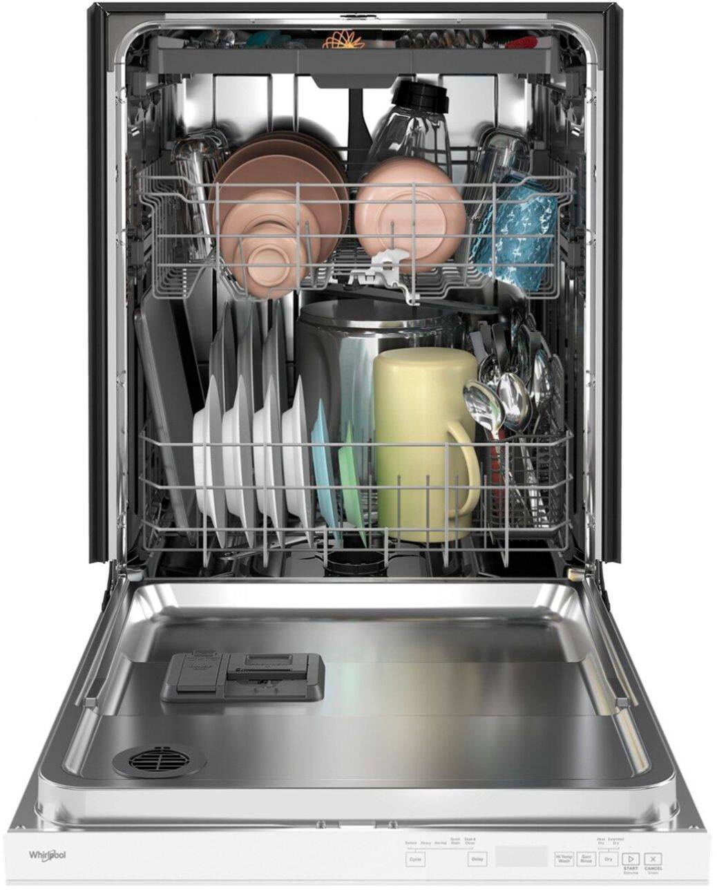 The text on the image is grouped and corrected as follows:

"47 dBA, 3rd Rack, Adjustable, 2nd Rack, 3-Piece Silverware Basket."
