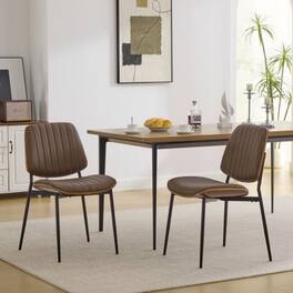 LUCKY ONE - Assembled Mid Century Dining Chair Set of 2 Faux Leather with Walnut Bentwood Back Metal Legs - Brown