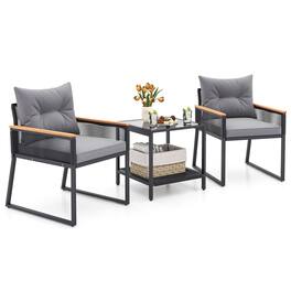 Costway - 3 PCS Outdoor Conversation Set with 2-Layer Side Table Acacia Wood Armrests - Black,Gray