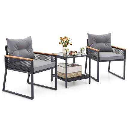Front. Costway - Costway 3 PCS Outdoor Conversation Set with 2-Layer Side Table Acacia Wood Armrests - Black,Gray.
