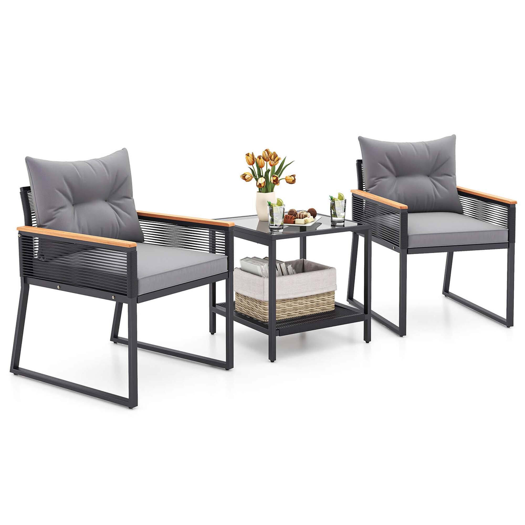 Front. Costway - Costway 3 PCS Outdoor Conversation Set with 2-Layer Side Table Acacia Wood Armrests - Black,Gray.