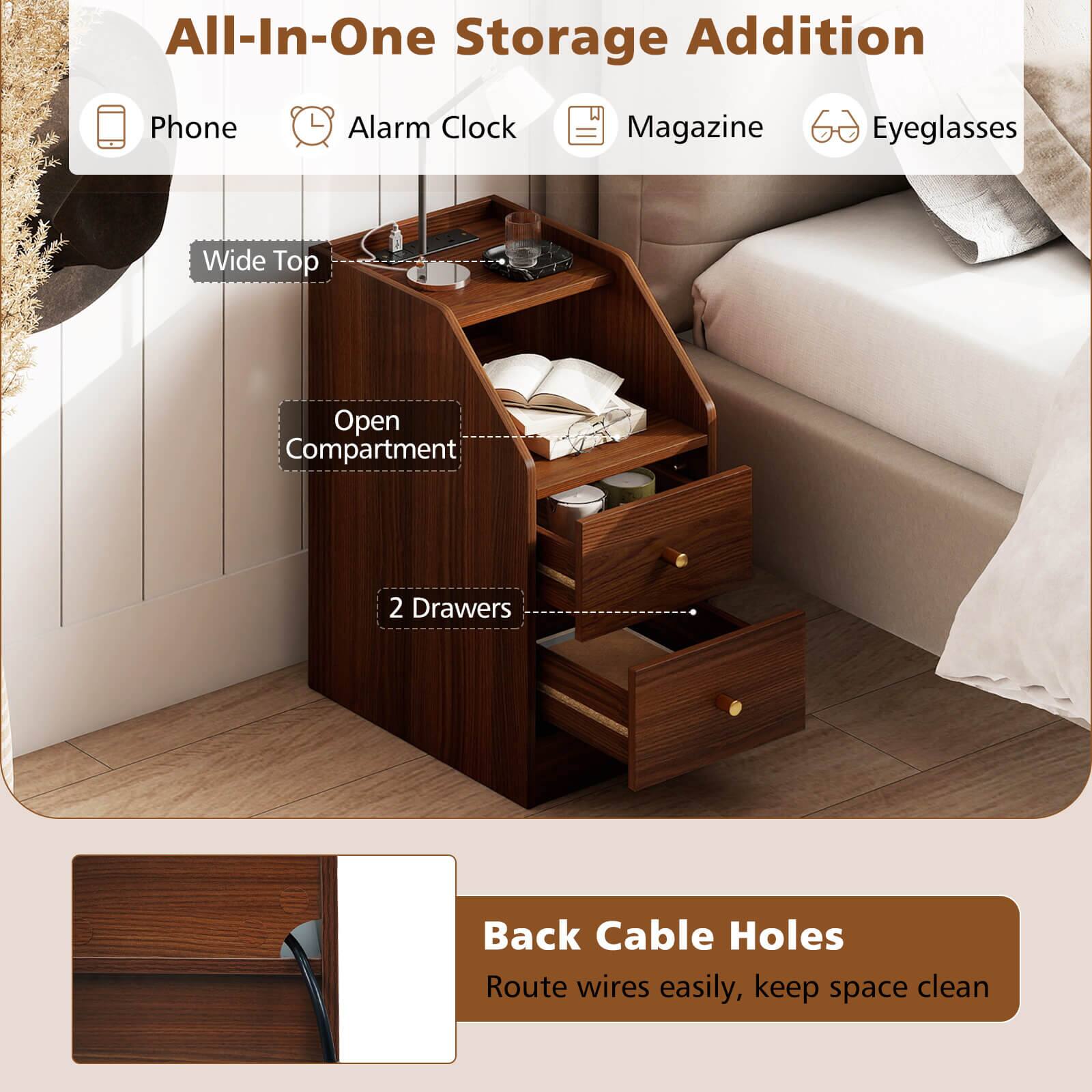 All-In-One Storage Addition

- Phone
- Alarm Clock
- Magazine
- Eyeglasses

Wide Top
Open Compartment
2 Drawers

Back Cable Holes
Route wires easily, keep space clean