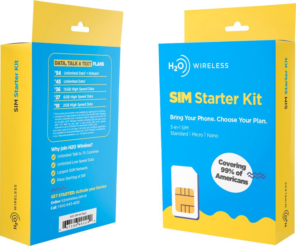 H2O Wireless Smart SIM Starter Kit 3-in-1 SIM Card for Unlocked 