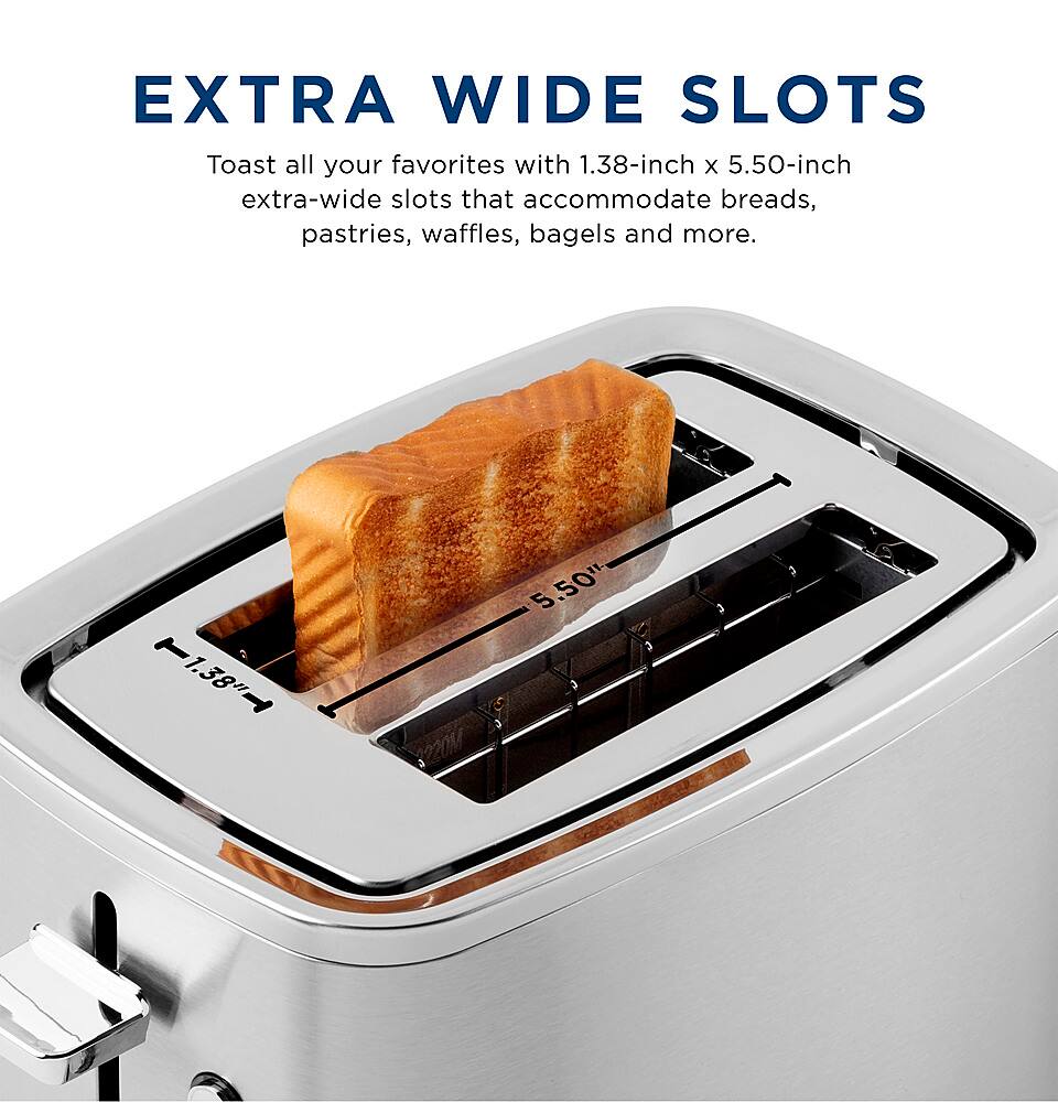 The image features a toaster with a slice of bread in it, placed on a counter. The toaster is described as having extra-wide slots that can accommodate a variety of food items, including breads, pastries, waffles, bagels, and more. The toaster is designed to toast all your favorite foods, making it a versatile appliance for your kitchen.