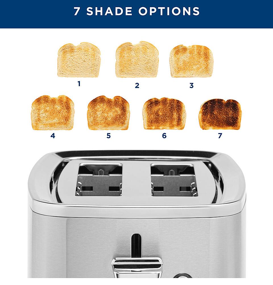 The image showcases a toaster with seven shade options, including light toast, medium toast, and dark toast. The toaster is filled with toast, and the different shades are displayed in a row, making it easy for users to choose their desired level of toasting.