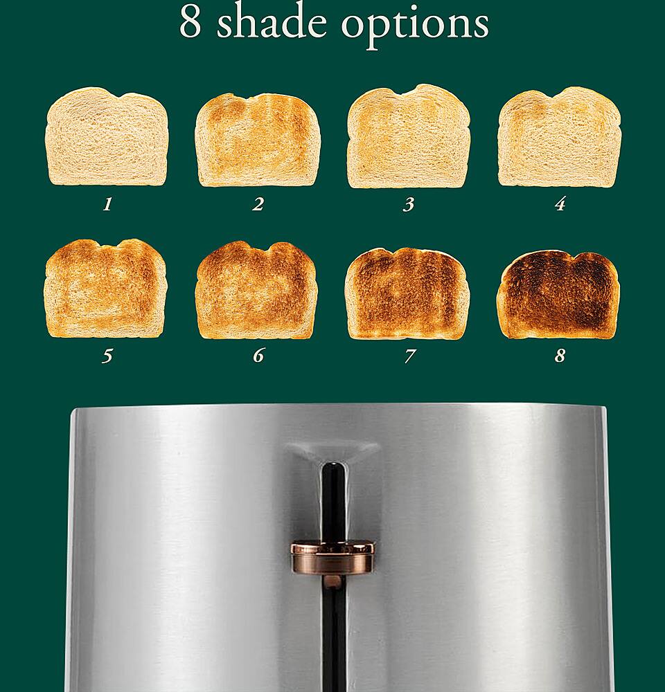 The image showcases a toaster with eight shade options, ranging from light to dark toast. The toaster is displayed in a stainless steel finish, and the shade options are labeled with numbers, making it easy to identify the desired level of toast.