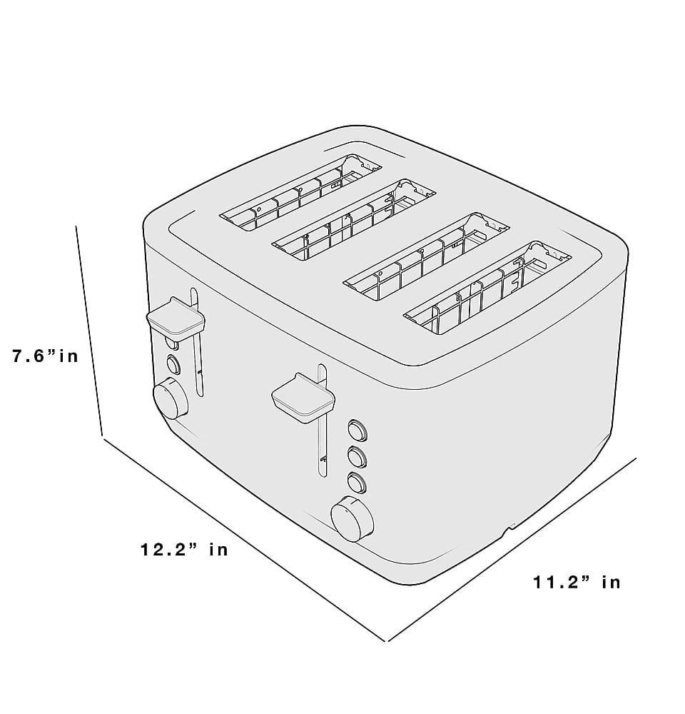 The image shows a toaster oven with a black and white design. The dimensions of the toaster oven are 7.6 inches in height, 12.2 inches in width, and 11.2 inches in depth.
