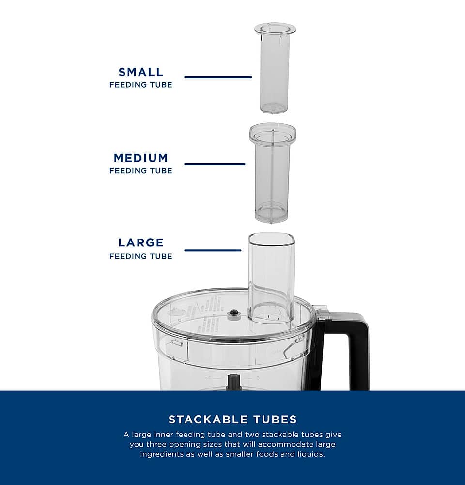 The image features a blender with a large inner feeding tube and two stackable tubes, providing three opening sizes to accommodate various ingredients. The largest text reads "Stackable Tubes," which is a description of the two stackable tubes that come with the blender. The image also includes a diagram with labels for the different feeding tubes, indicating their sizes and uses.