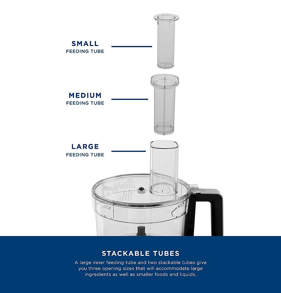 The image features a blender with a large inner feeding tube and two stackable tubes, providing three opening sizes to accommodate various ingredients. The largest text reads "Stackable Tubes," which is a description of the two stackable tubes that come with the blender. The image also includes a diagram with labels for the different feeding tubes, indicating their sizes and uses.