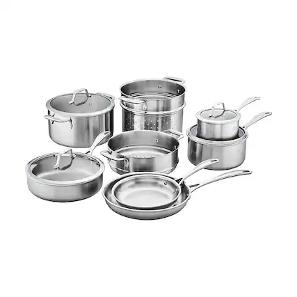 Angle. ZWILLING - Spirit 3-ply 12-pc Stainless Steel Cookware Set - Silver.