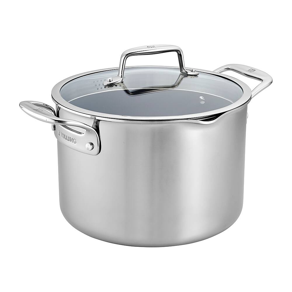 Angle. ZWILLING - Clad CFX 8-qt Stainless Steel Ceramic Nonstick Stock Pot - Silver.