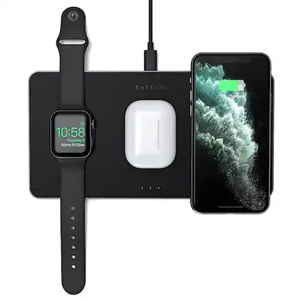 Front. Satechi - Trio Wireless Charging Pad for Qi-Enabled Smartphones, Apple Watch, AirPods Pro and AirPods 2 - Space Gray.