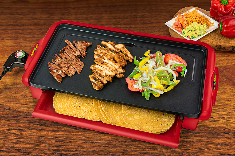 Left View: Taco Tuesday - TTFGR20RD Nonstick Fiesta Griddle With Warmer - Red