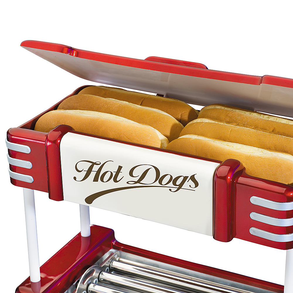 Left View: Nostalgia - HDR8RR Hot Dog Roller and Bun Warmer, 8 Hot Dog and 6 Bun Capacity - Retro Red