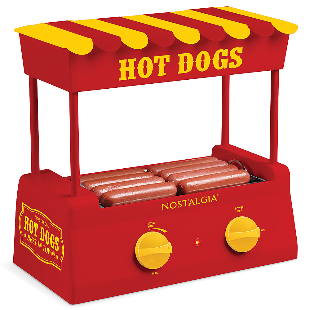 Left View: Nostalgia - HDR8RY Hot Dog Roller and Bun Warmer, 8 Hot Dog and 6 Bun Capacity - Red/Yellow