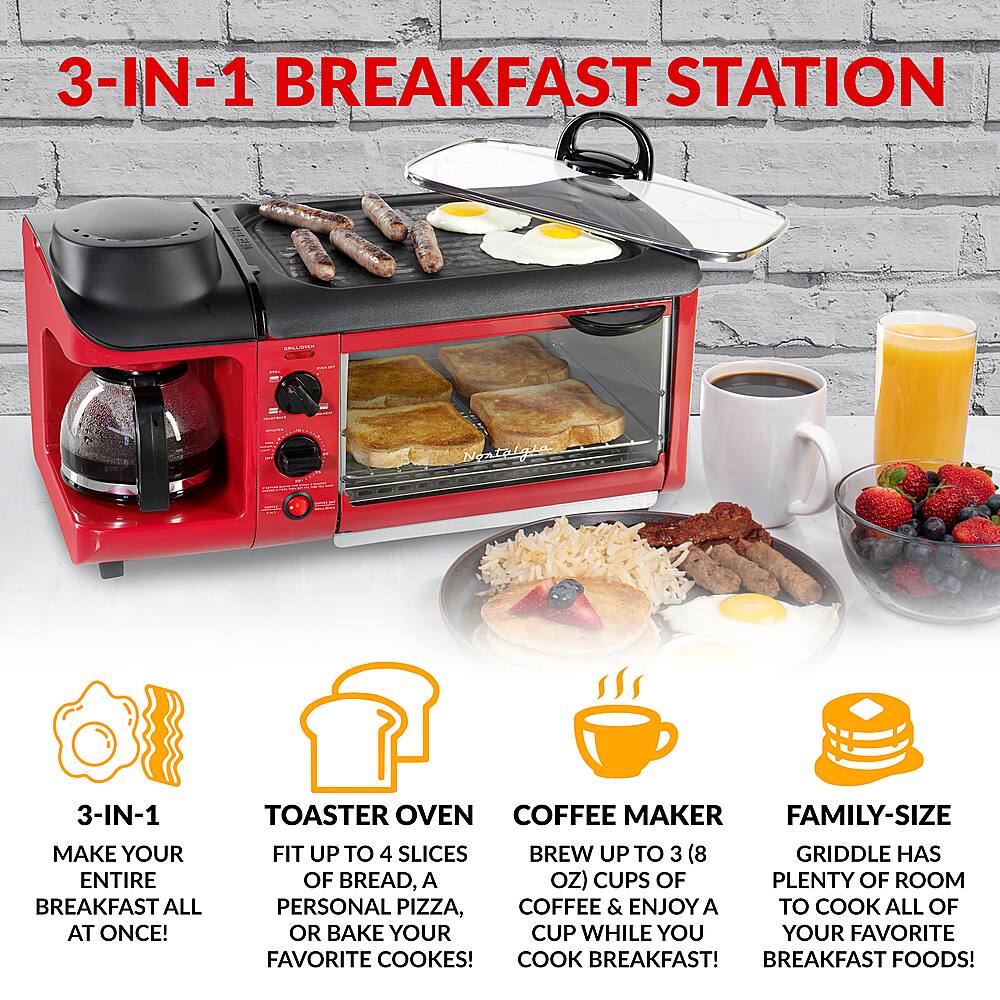 Left. Nostalgia - BST3RR Retro 3-in-1 Family Size Breakfast Station - Retro Red.