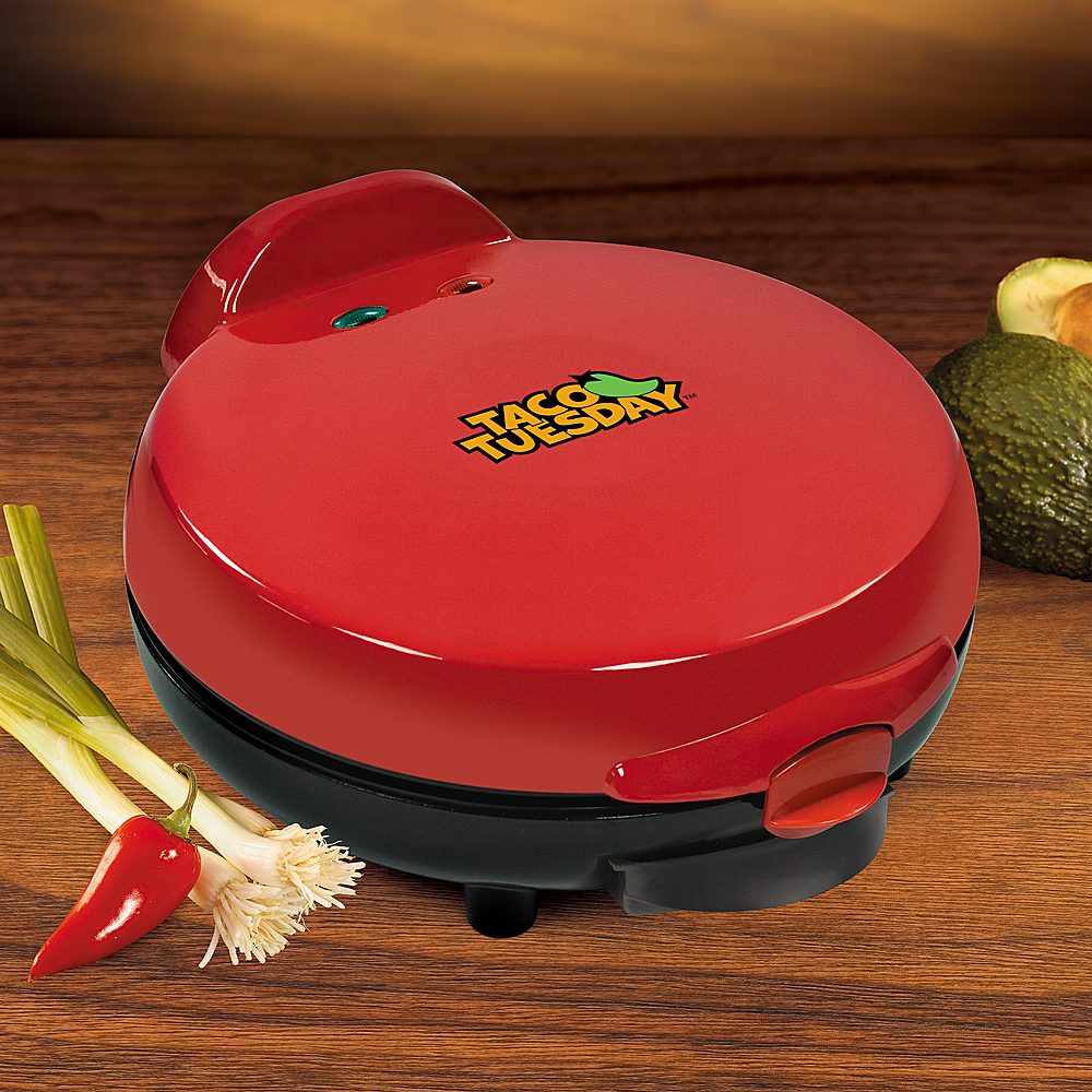 Left View: Taco Tuesday - TTEQM8RD Deluxe 6-Wedge Electric Quesadilla Maker with Extra Stuffing Latch - Red
