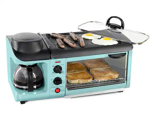 Angle. Nostalgia - BST3AQ Retro 3-in-1 Family Size Breakfast Station - Aqua.