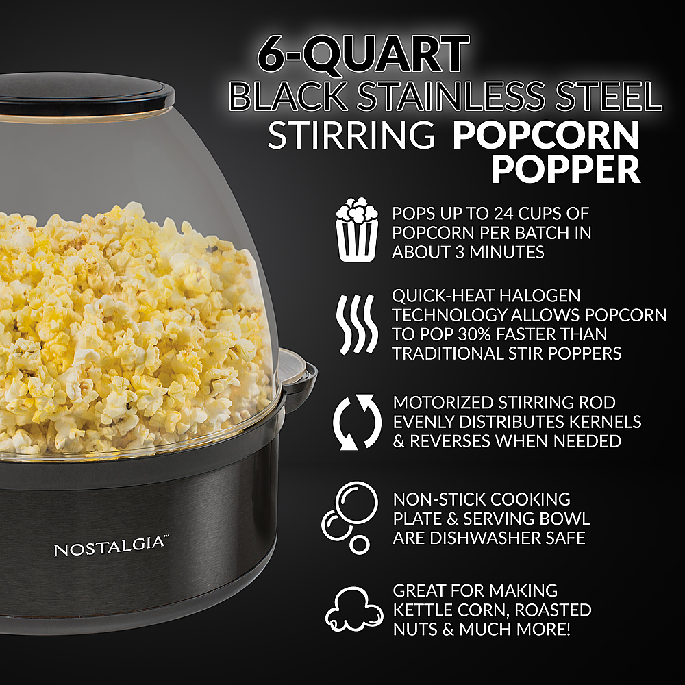 Nostalgia 6-Quart Stirring Popcorn Popper With Quick-Heat Technology, Makes  24 Cups of Popcorn, Kernel Measuring Cup, Oil Free, Makes Roasted Nuts