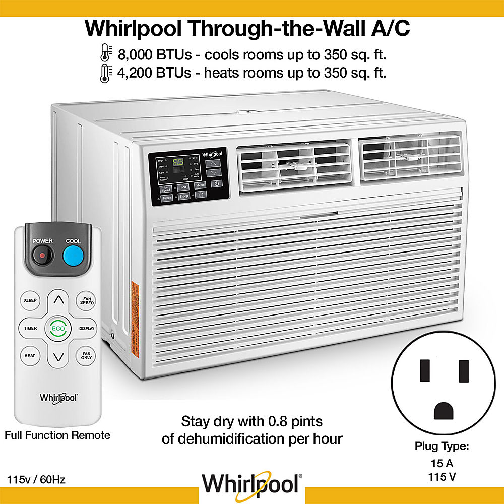 Angle View: Whirlpool - 8,000 BTU 115V Through-the-Wall Air Conditioner with 4,200 BTU Supplemental Heating - White