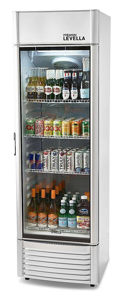 Left. Premium Levella - 12.5 cu. ft. 1-Door Commercial Merchandiser Refrigerator Glass-Door Beverage Display Cooler - Silver.