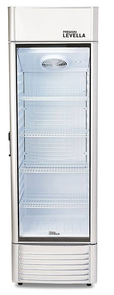 Angle. Premium Levella - 12.5 cu. ft. 1-Door Commercial Merchandiser Refrigerator Glass-Door Beverage Display Cooler - Silver.