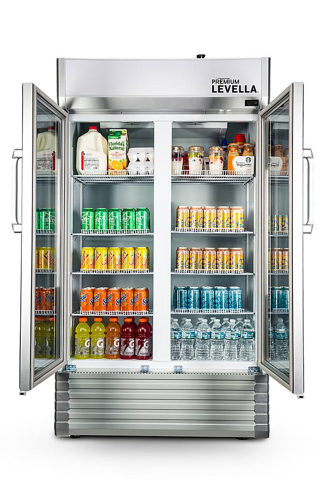 Angle. Premium Levella - 16.0 cu. ft. 2-Door Commercial Merchandiser Refrigerator Glass-Door Beverage Display Cooler - Silver.