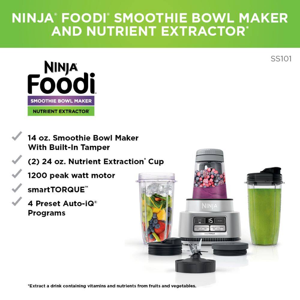 Ninja Foodi Smoothie Bowl Maker and Nutrient Extractor:

1. 14 oz. Smoothie Bowl Maker with Built-In Tamper
2. 24 oz. Nutrient Extraction Cup
3. 1200 peak watt motor
4. SmartTORQUE
5. 4 Preset Auto-iQ Programs

NINJA is "Extract a drink containing vitamins and nutrients from fruits and vegetables."