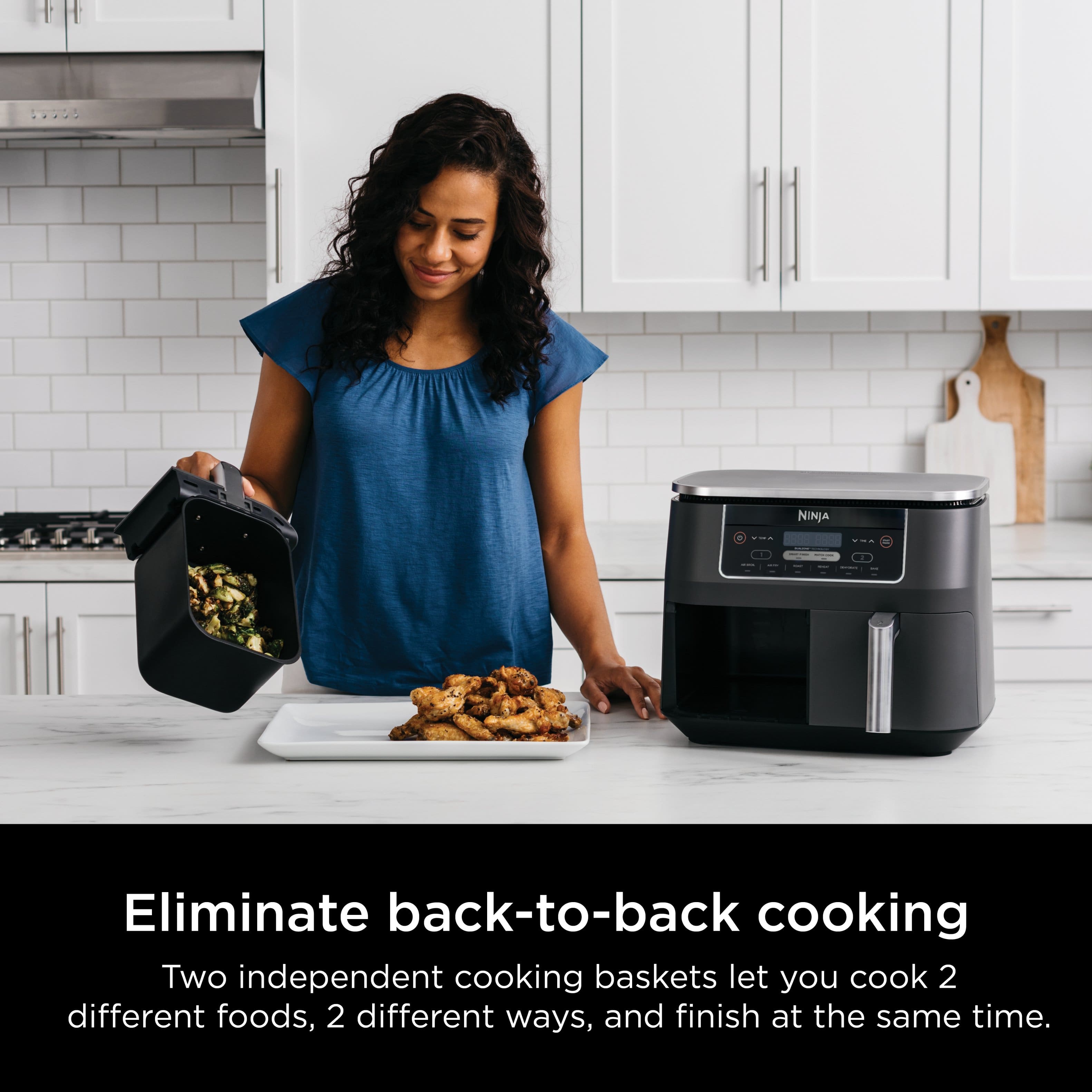 Eliminate back-to-back cooking with two independent cooking baskets. Let you cook 2 different foods, 2 different ways, and finish at the same time.