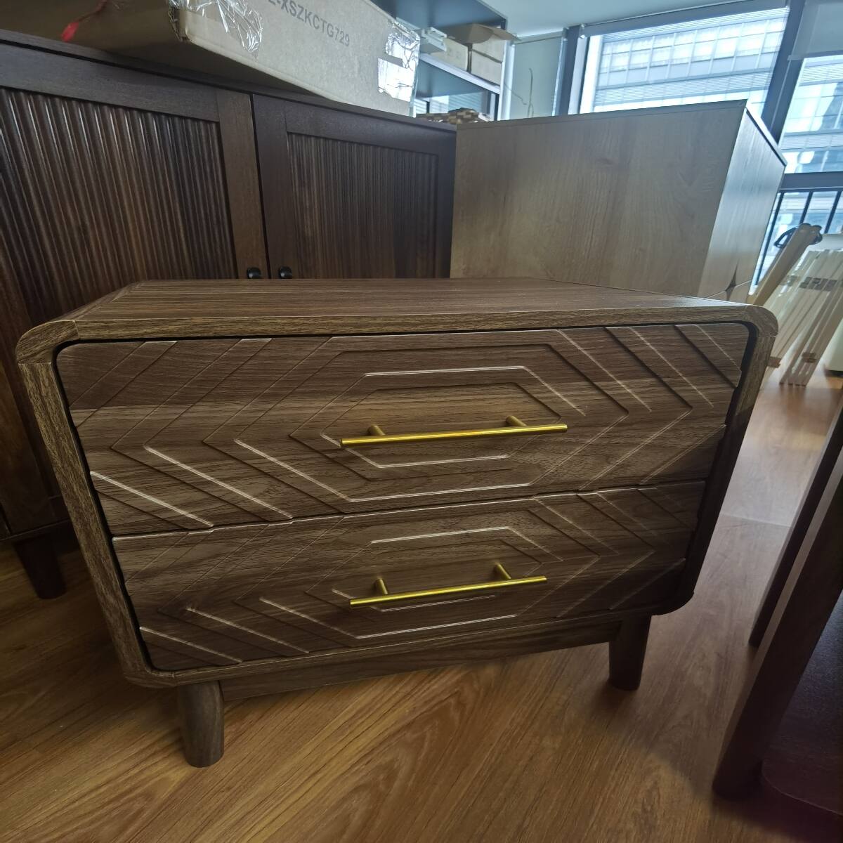Angle. Loheer - Loheer Walnut Bedside Table, Two Drawer Nightstand with Solid Wood Legs for Bedroom - Walnut.