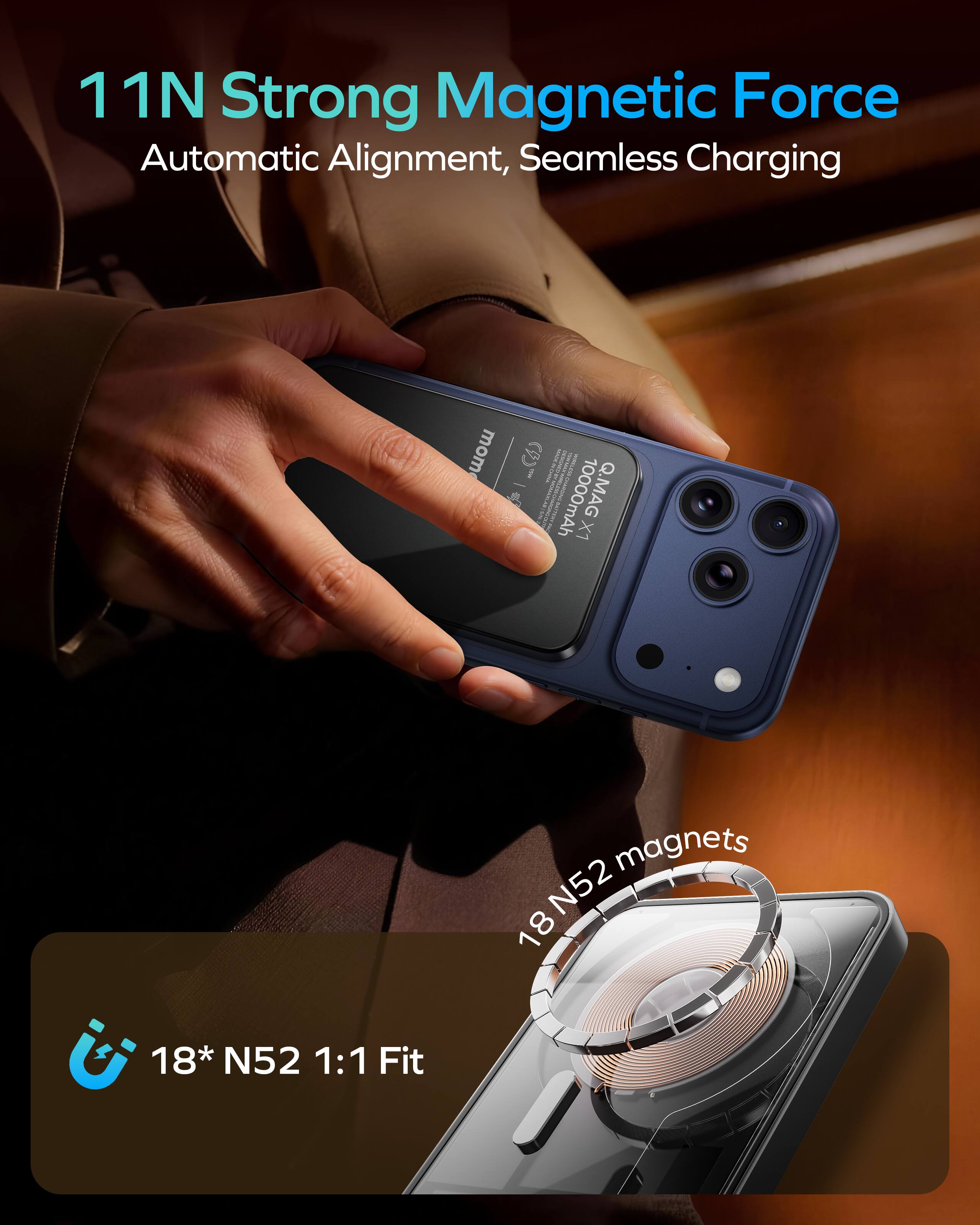 11N Strong Magnetic Force Automatic Alignment, Seamless Charging  
18 N52 magnets  
18* N52 1:1 Fit  
Q.MAG LX 10000mAh