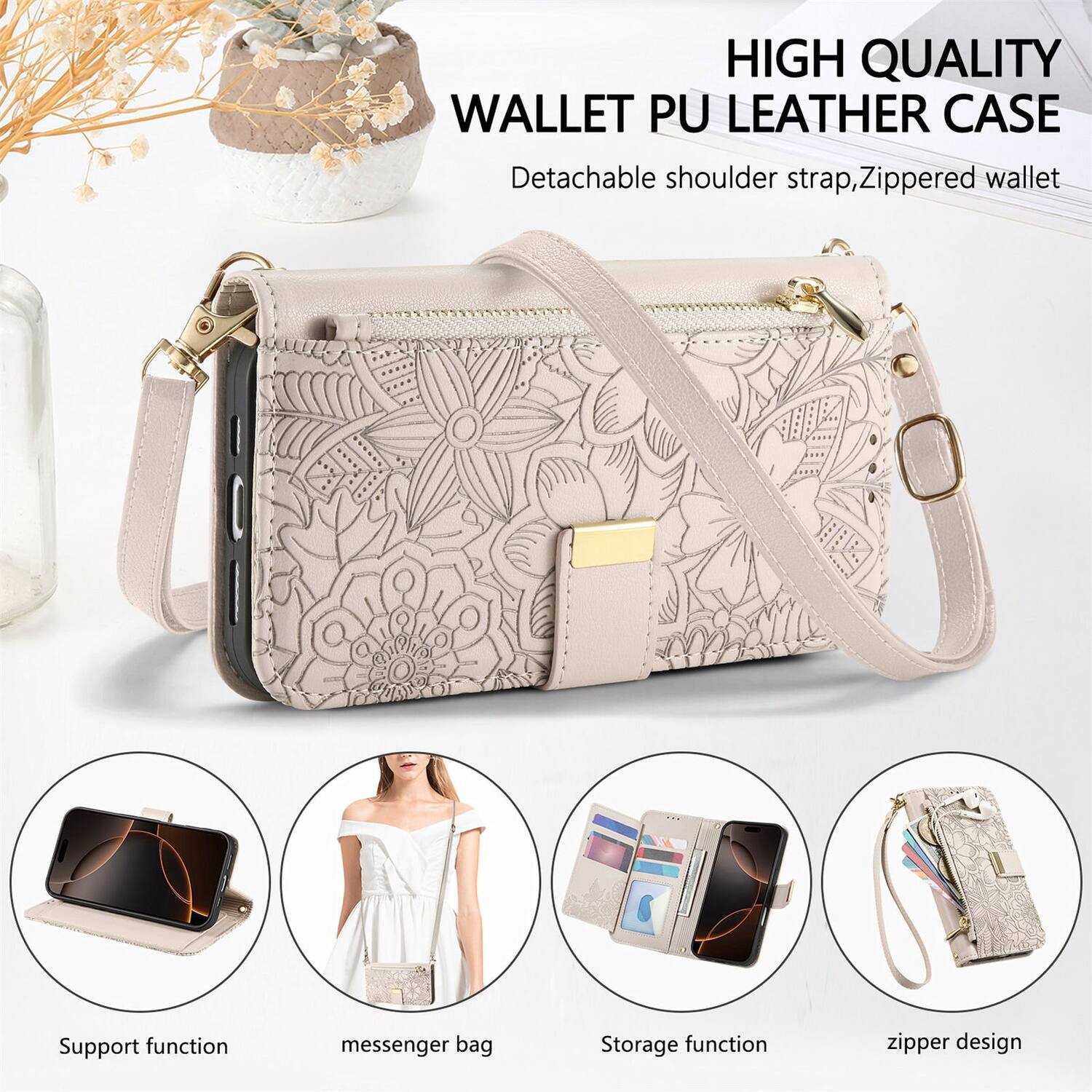 HIGH QUALITY WALLET PU LEATHER CASE  
Detachable shoulder strap, Zippered wallet  
Support function  
messenger bag  
Storage function  
zipper design