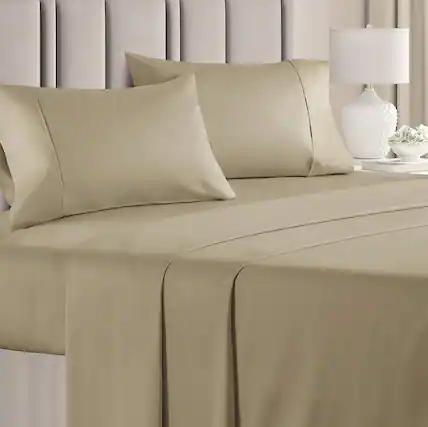 Front. CGK Linens - 100% Cotton 400 Thread Count 4 Piece Sheet Set - Soft & Cozy Sateen Bed Sheets - Full - Beige.