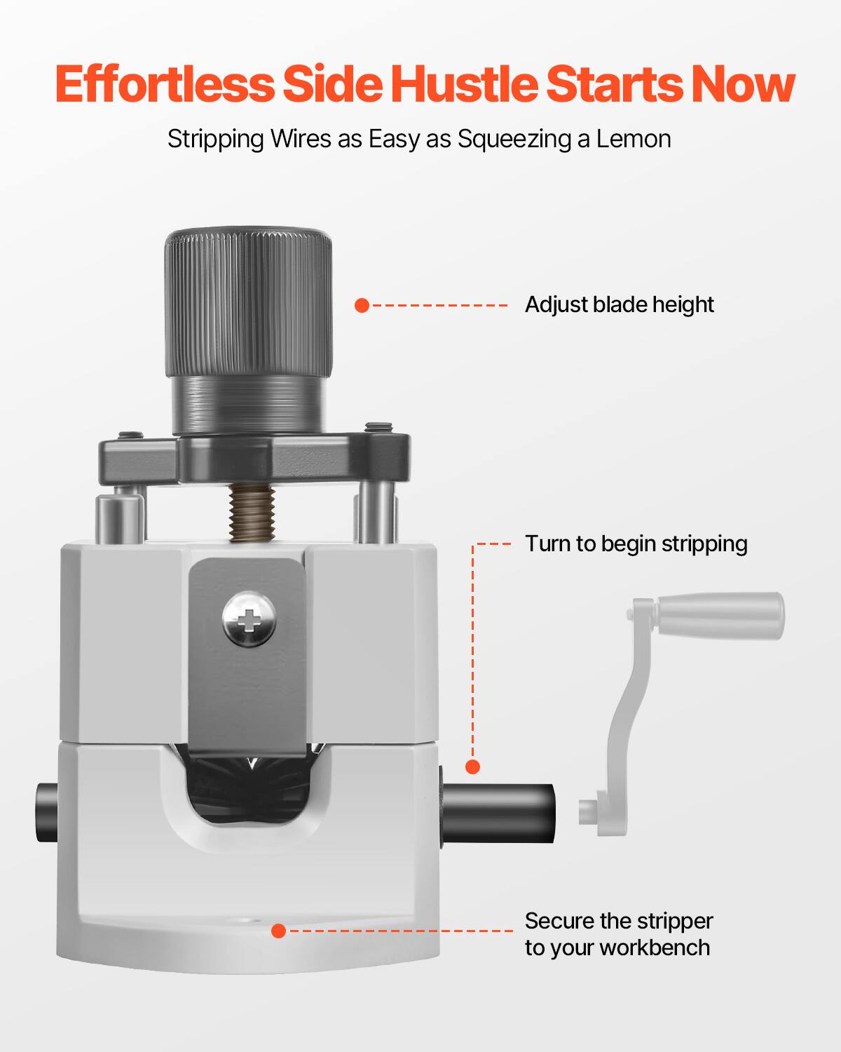 Effortless Side Hustle Starts Now  
Stripping Wires as Easy as Squeezing a Lemon  

- Adjust blade height  
- Turn to begin stripping  
- Secure the stripper to your workbench
