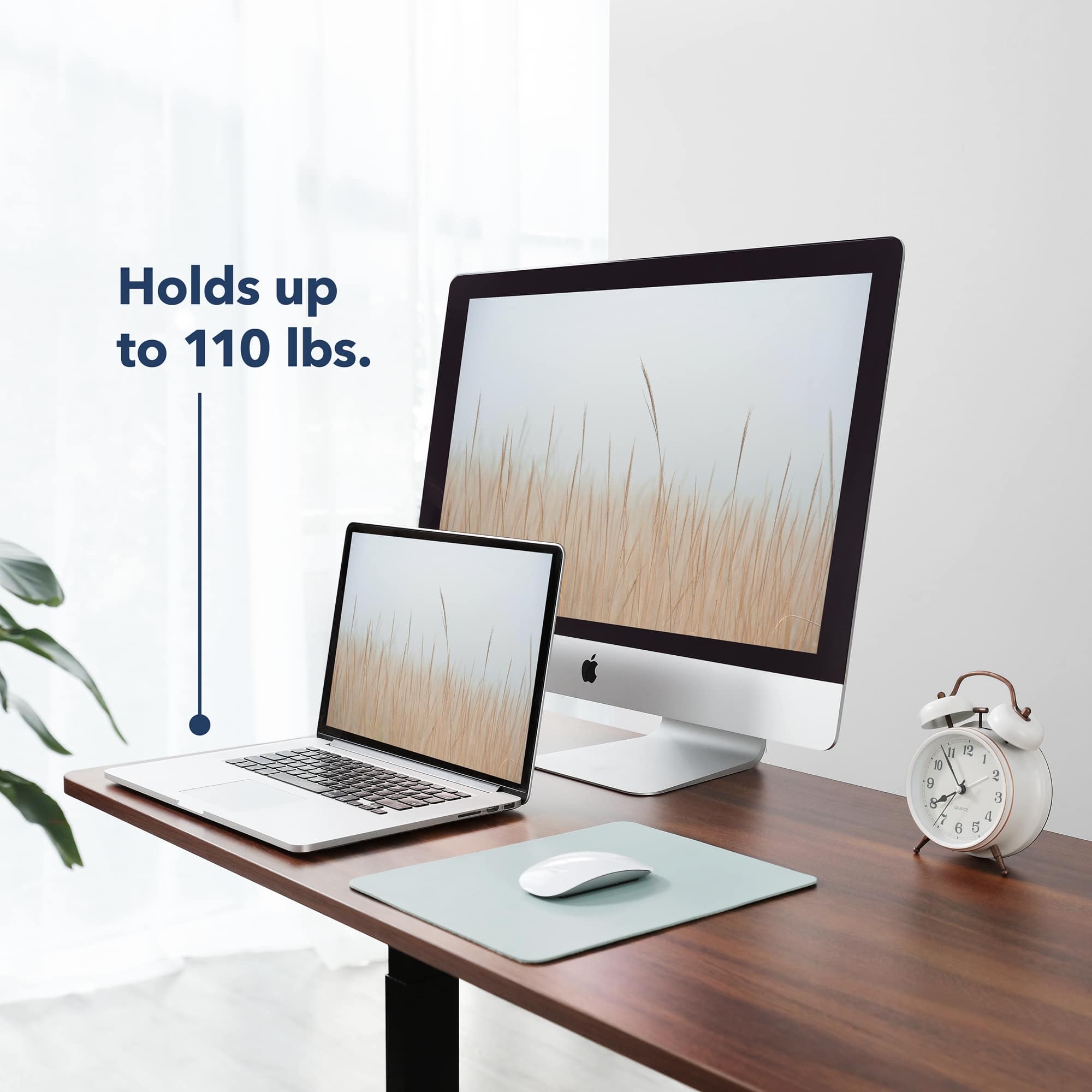 The image features a wooden desk with a laptop, a mouse, and a clock. There is also a large monitor on the desk. The text "Holds up to 110 lbs" is displayed prominently in the image, indicating that the desk can support a significant amount of weight. The clock on the desk is positioned towards the right side of the desk, while the mouse is located closer to the center. The laptop is placed on the left side of the desk, and the large monitor is situated on the right side.