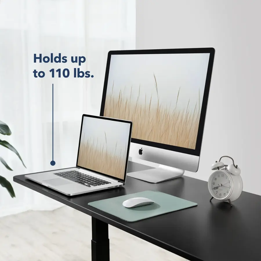 The image features a desk with a laptop and a monitor on it. The laptop is positioned on the left side of the desk, while the monitor is on the right side. There is also a mouse on the desk, placed near the monitor. A clock is visible on the right side of the desk, and a potted plant is located on the left side. The desk appears to be sturdy and capable of holding up to 110 lbs.