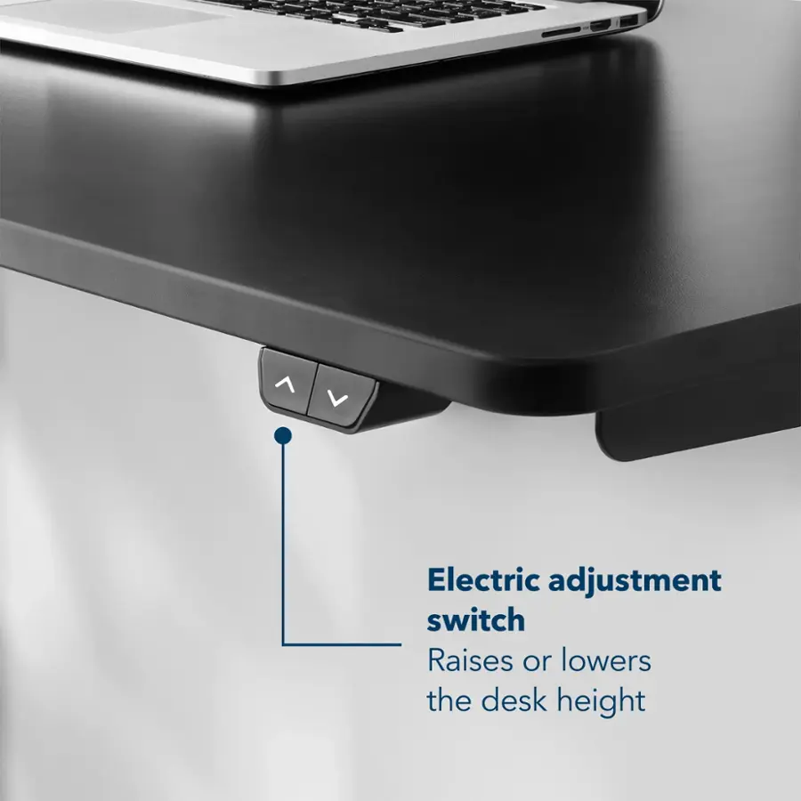 The image features a laptop computer sitting on a desk with an electric adjustment switch underneath it. This switch allows the user to raise or lower the desk height, providing ergonomic benefits and comfort while working.