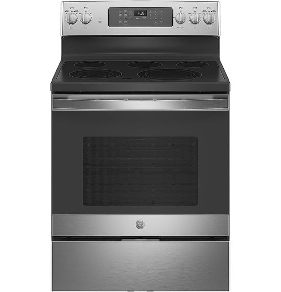 Front Zoom. GE - 5.3 Cu. Ft. Freestanding Electric Convection Range with Self-Steam Cleaning and No-Preheat Air Fry - Stainless steel.