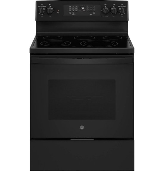 Front Zoom. GE - 5.3 Cu. Ft. Freestanding Electric Convection Range with Self-Steam Cleaning and No-Preheat Air Fry - Black on black.