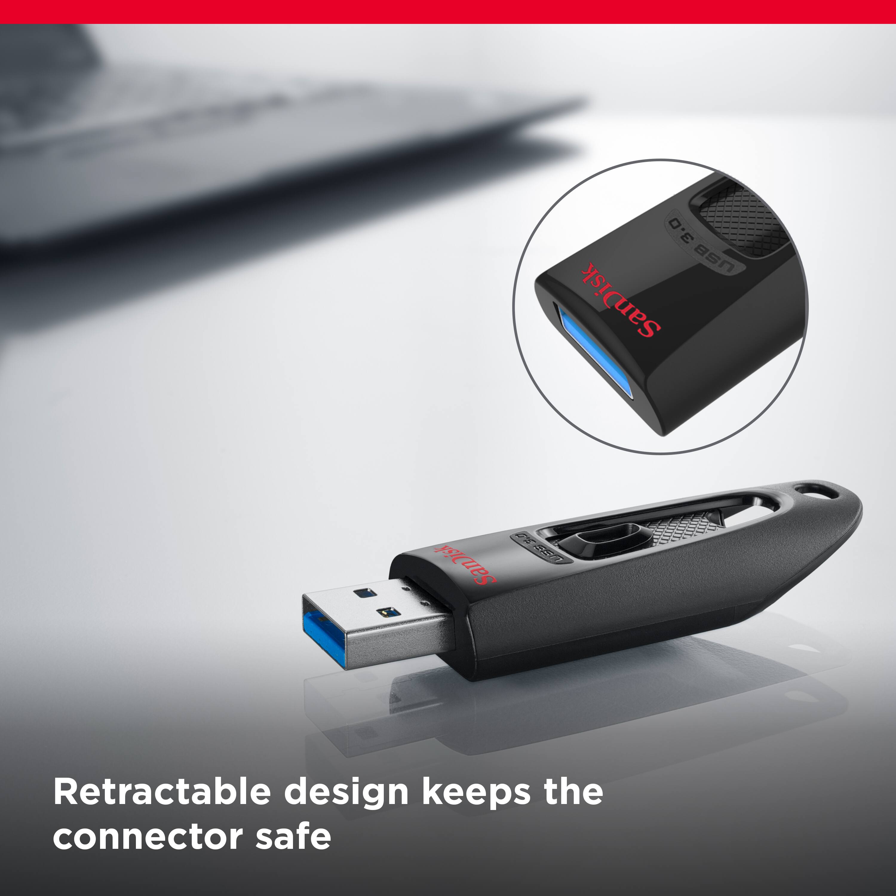 The text on the image reads: "Retractable design keeps the connector safe."