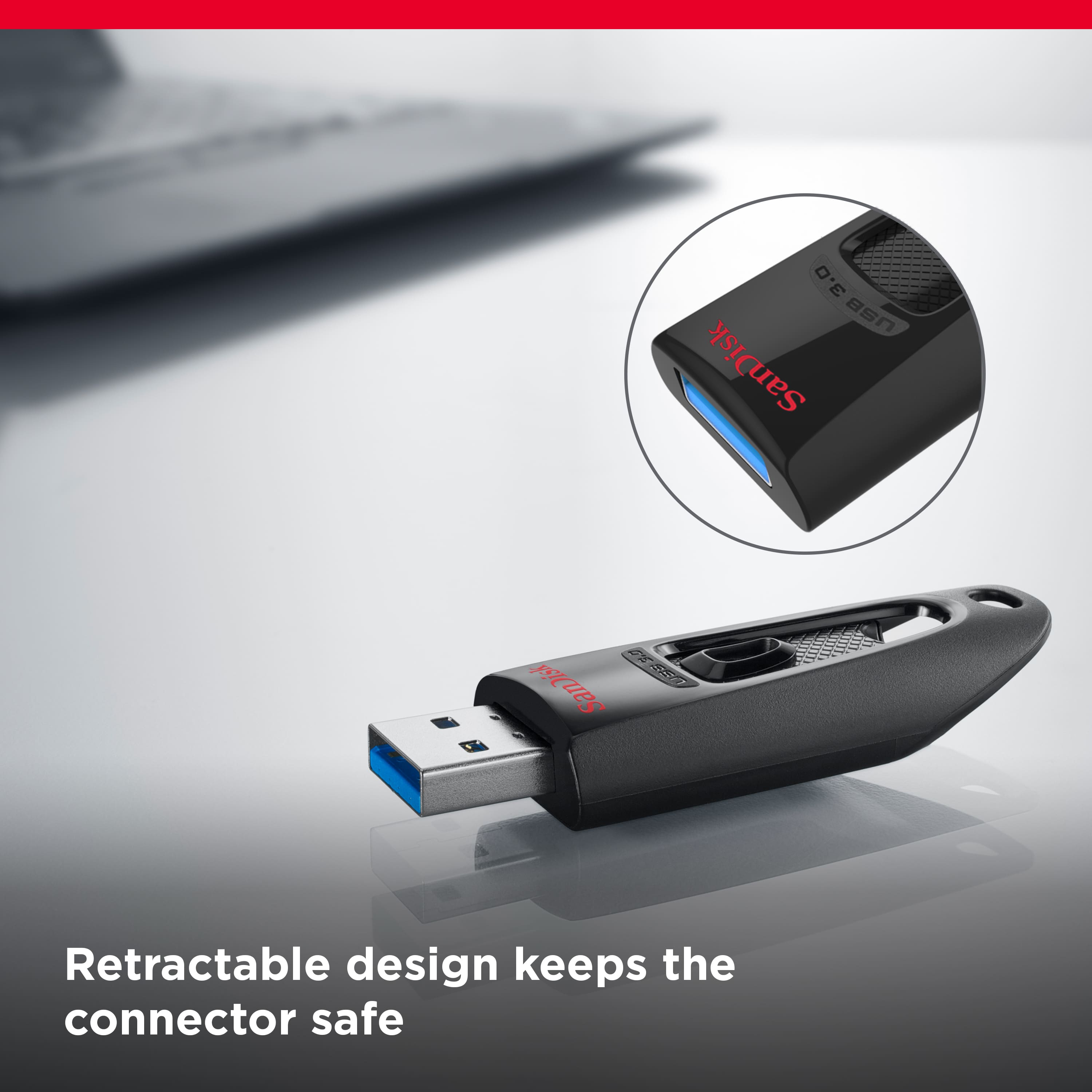 The text on the image reads: "Retractable design keeps the connector safe."